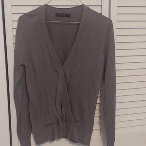 The Limited Size Small Gray Shimmet Wrap-Front Sweater with Subtle Stud Detail